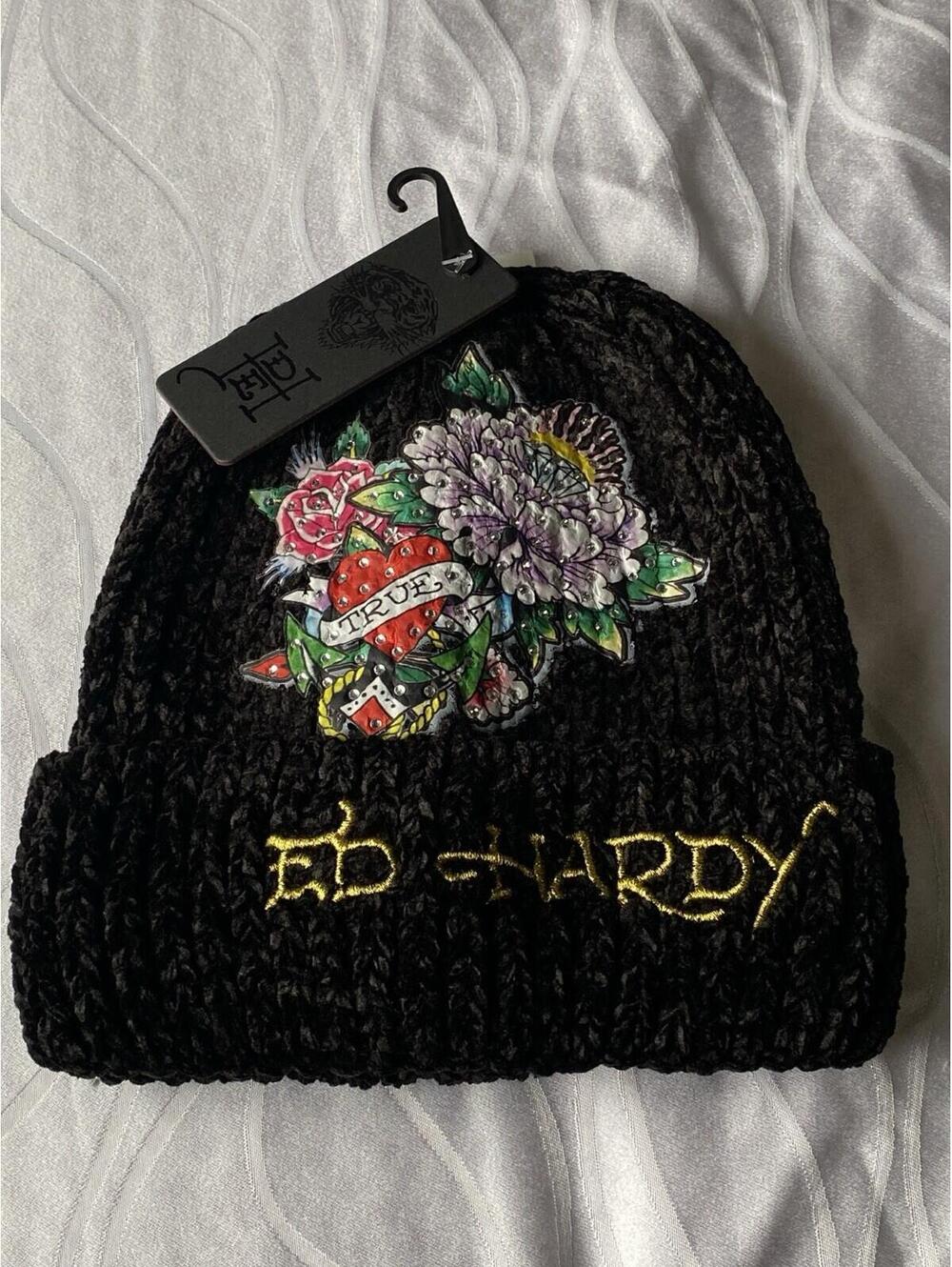 NWT Ed Hardy Women’s Hat Heart And Roses , Golden Logo Black/Grey
